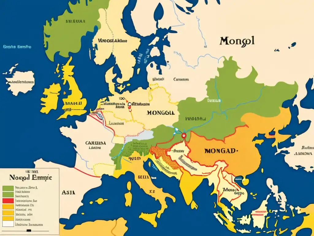 Mapa detallado del siglo XIII del vasto Imperio Mongol y sus estrategias diplomáticas en Asia, Europa y Oriente Medio