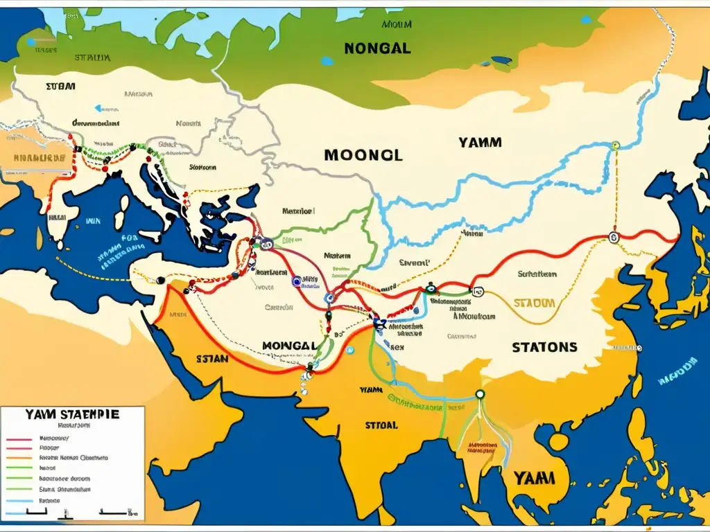 Mapa detallado en 8k del sistema de yam en el Imperio Mongol, mostrando estaciones, rutas y ciudades conectadas, ilustrando su eficiencia histórica