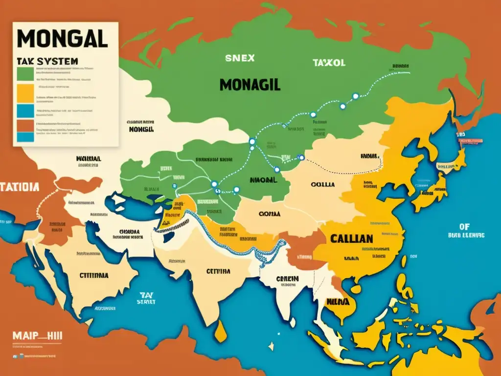 Mapa detallado del sistema tributario mongol imperial comparado con otros sistemas de la época, mostrando tasas, métodos de recaudación y el impacto económico, con ilustraciones intrincadas