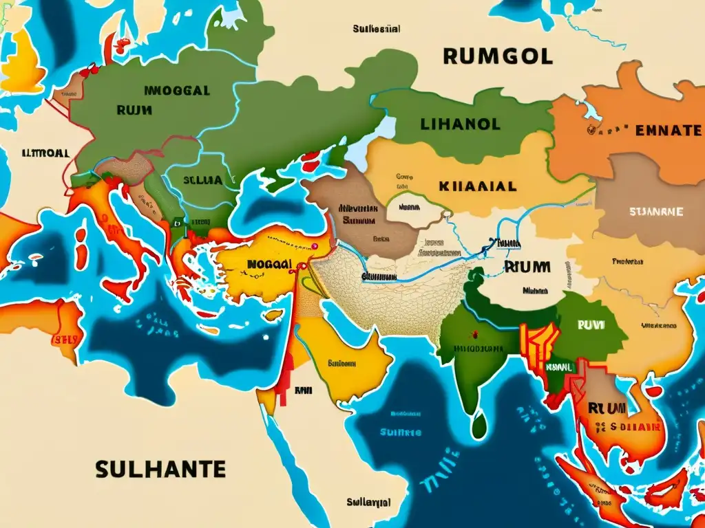 Mapa detallado del Ilkhanate y el Sultanato de Rum durante el Imperio Mongol, destacando alianzas matrimoniales mongolas en Medio Oriente