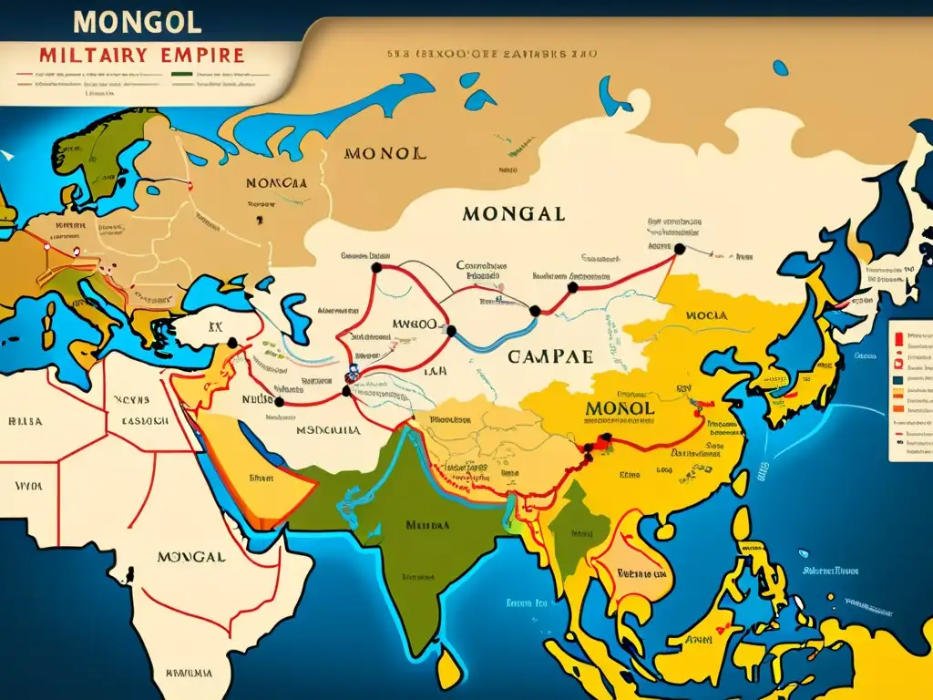 Mapa detallado de las tácticas de guerra del Imperio Mongol en Asia y Europa, con estrategias militares e ilustraciones de movimientos de tropas