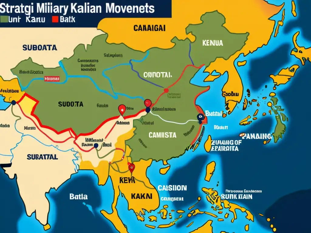 Mapa detallado de las tácticas militares de Subotai y Batú Khan, evocando su estrategia y conquistas históricas