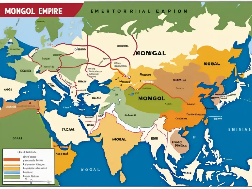 Mapa detallado de la expansión territorial del Imperio Mongol, destacando conquistas clave y regiones bajo control mongol, con colores vibrantes y etiquetas intrincadas