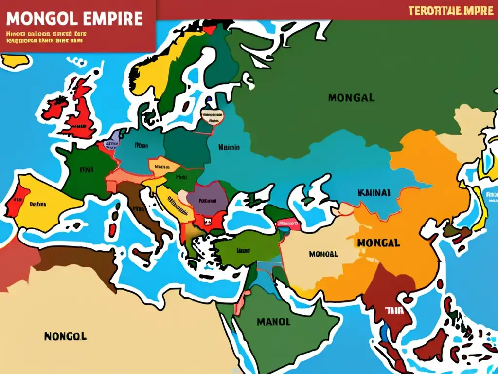 Mapa detallado de la expansión territorial del Imperio Mongol, mostrando conquistas clave y su influencia en Asia y Europa