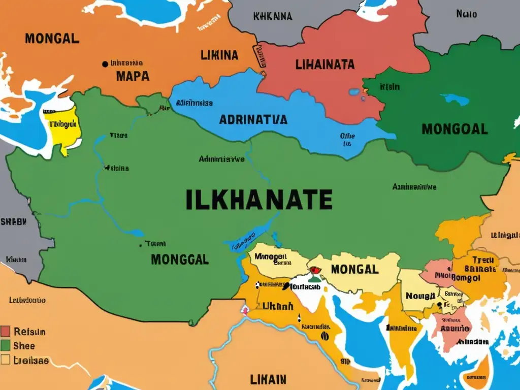 Mapa detallado del territorio del Ilkanato, con divisiones administrativas, ciudades, rutas comerciales y características geográficas clave en colores