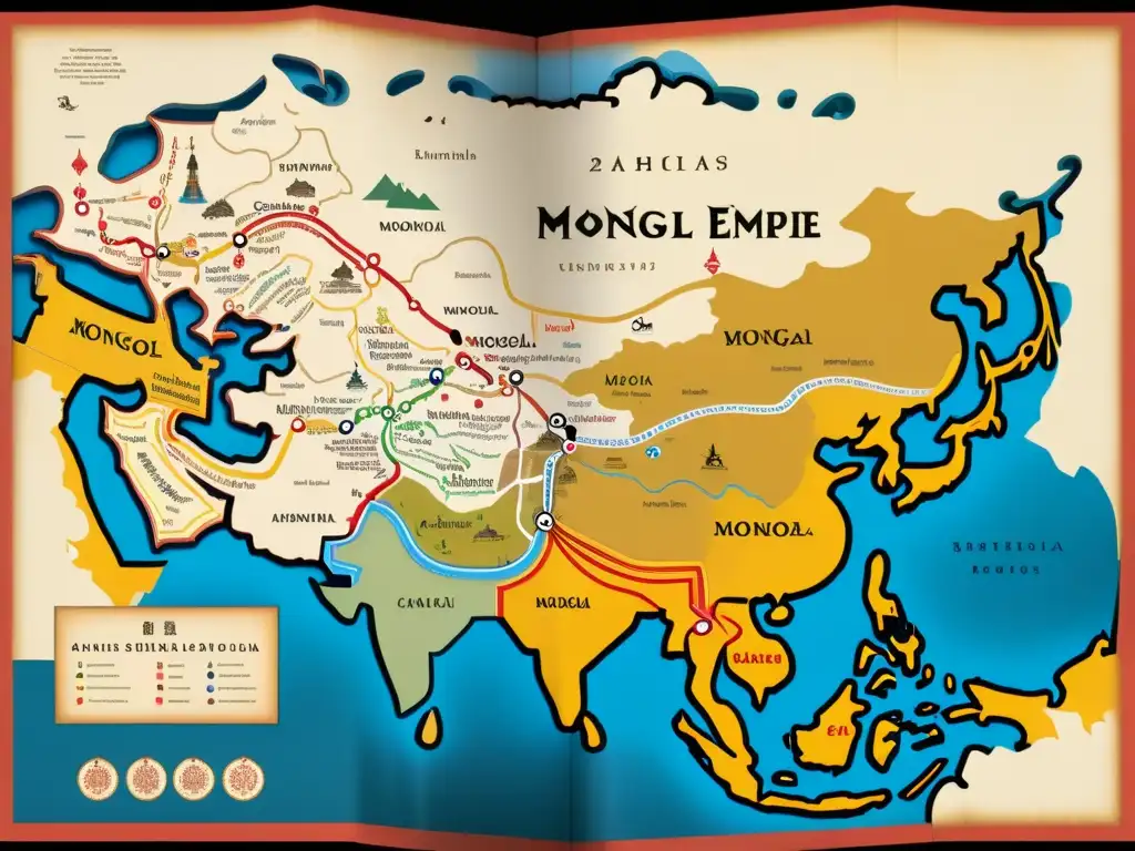 Mapa detallado del territorio del Imperio Mongol, con rutas comerciales, ciudades y regiones étnicas