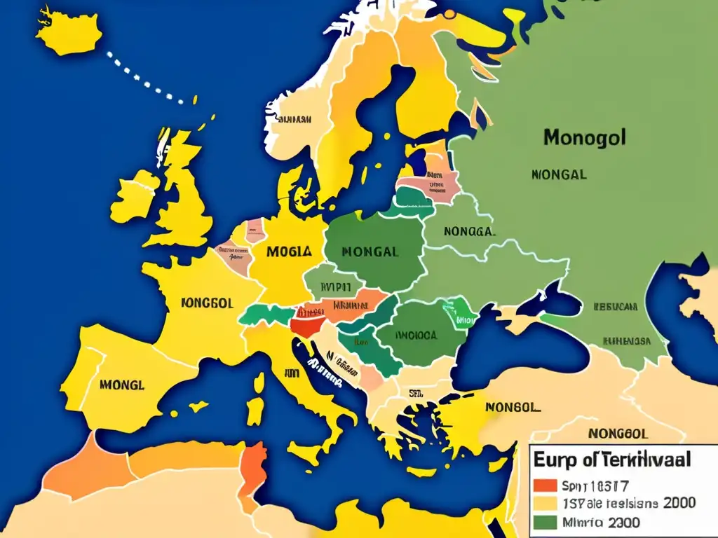 Mapa detallado de Europa con territorios afectados por la retirada mongola resaltados, mostrando el impacto histórico