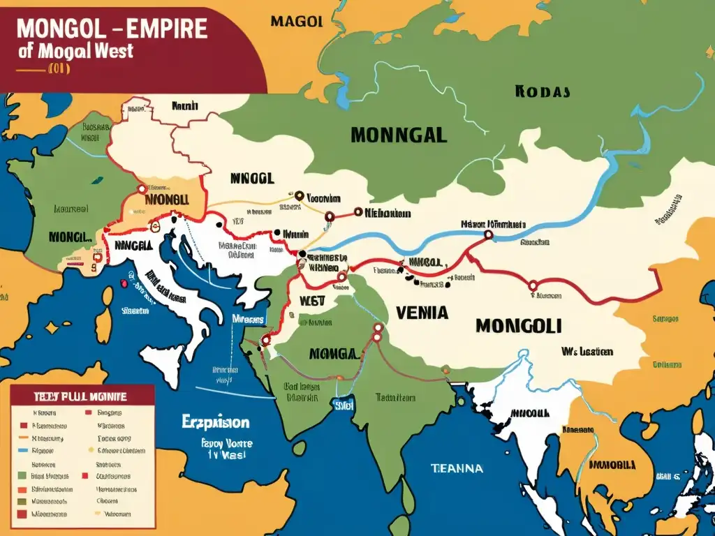 Mapa detallado de la expansión mongola hacia Occidente, destacando ubicaciones clave, rutas y eventos importantes