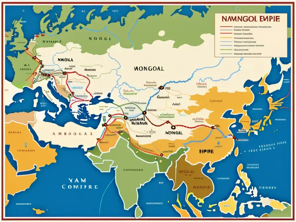 Mapa detallado de la vasta Organización del vasto Imperio Mongol, mostrando la red de rutas de comunicación y el sistema Yam