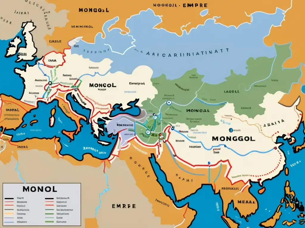 Mapa detallado del vasto Imperio Mongol en su apogeo, con ilustraciones de regiones administrativas, rutas comerciales y ciudades clave