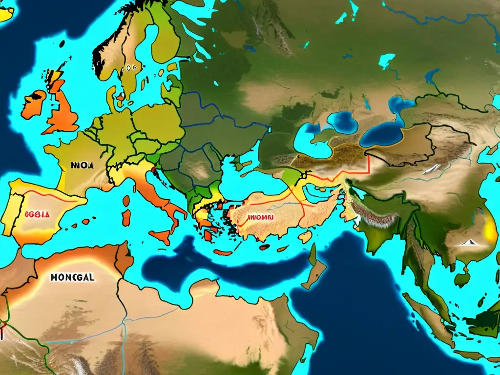 Mapa detallado en 8k del vasto Imperio Mongol, mostrando desafíos logísticos y la complejidad de su gobierno y expansión