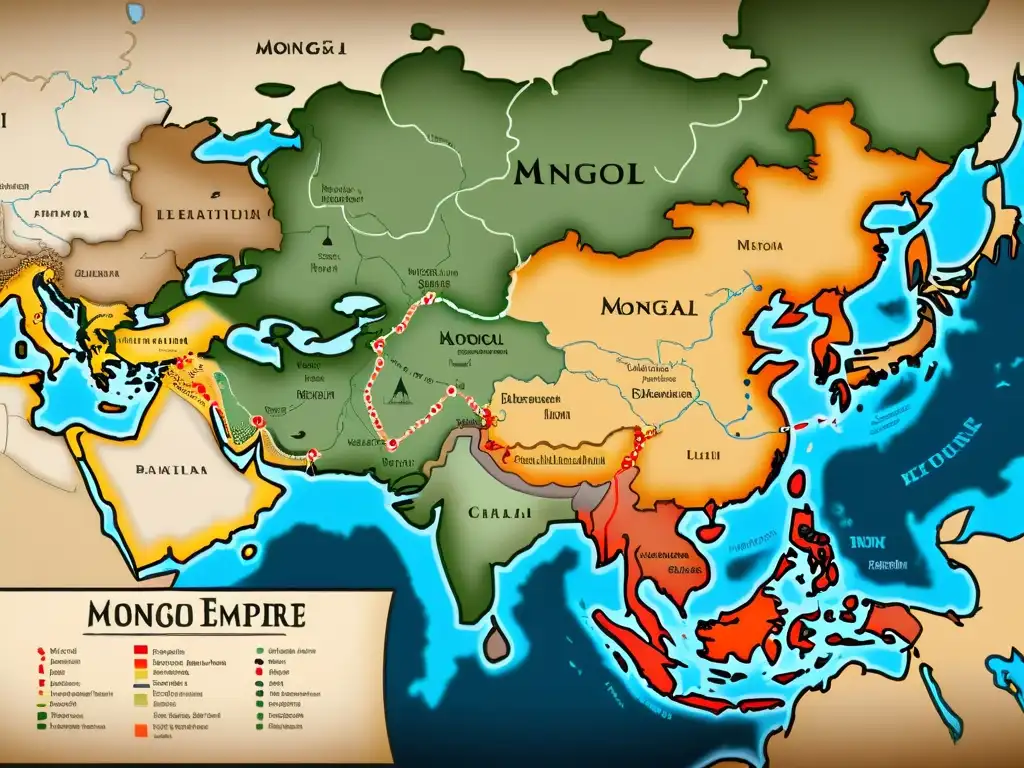 Mapa detallado del vasto Imperio Mongol en su apogeo, con ciudades clave y expansiones a lo largo del tiempo