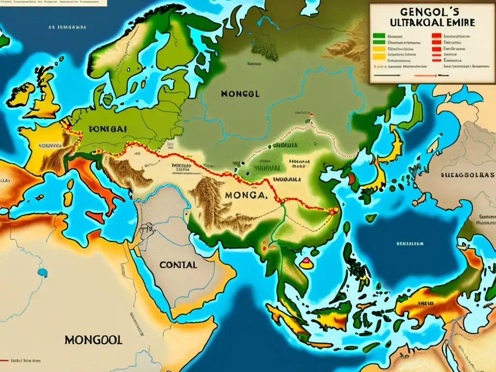 Mapa detallado del vasto Imperio Mongol de Genghis Khan, mostrando impacto cultural de sus conquistas