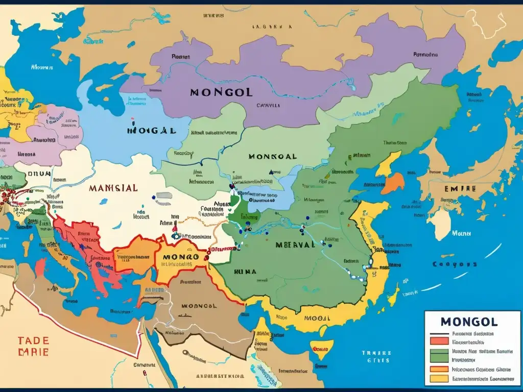 Mapa detallado del vasto Imperio Mongol Mapa detallado del vasto Imperio Mongol, con territorios, rutas comerciales y ciudades clave