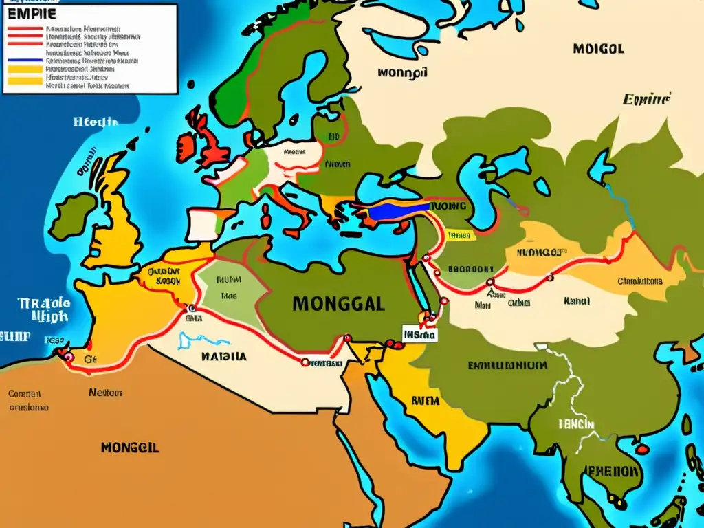 Mapa detallado del vasto imperio mongol en Asia y Europa, mostrando rutas comerciales y ciudades clave