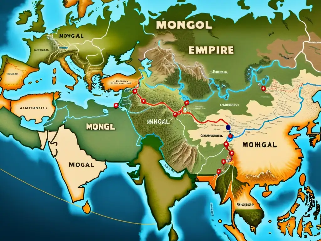 Mapa detallado del vasto Imperio Mongol en su apogeo, con ilustraciones intrincadas de las divisiones administrativas y la red de rutas de yam