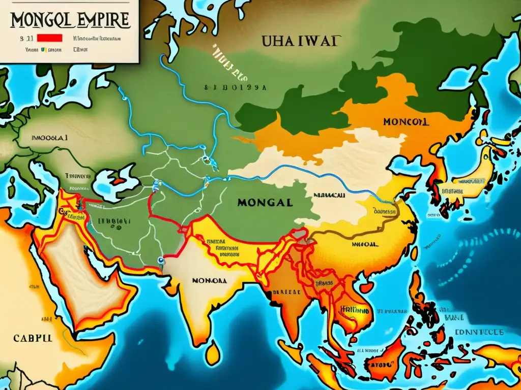 Mapa detallado del vasto Imperio Mongol en su apogeo, con rutas comerciales, territorios conquistados e influencias lingüísticas