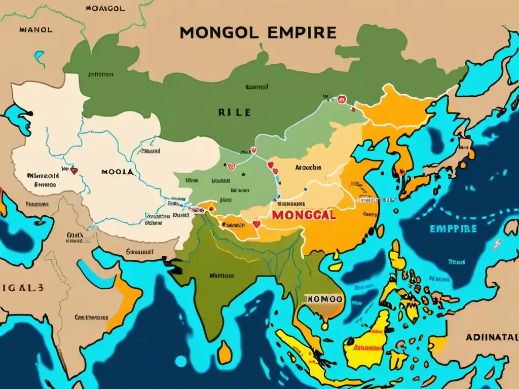 Mapa detallado en 8k del vasto Imperio Mongol, destacando su organización administrativa y extensión territorial