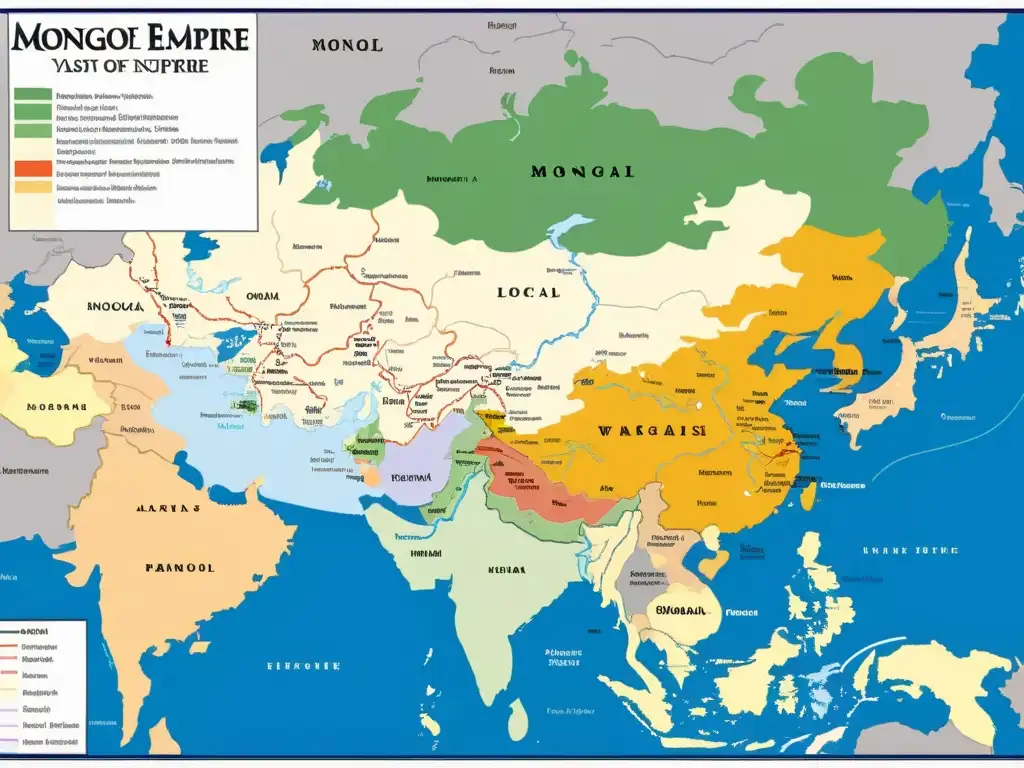 Mapa detallado del vasto Imperio Mongol, con divisiones territoriales y centros administrativos