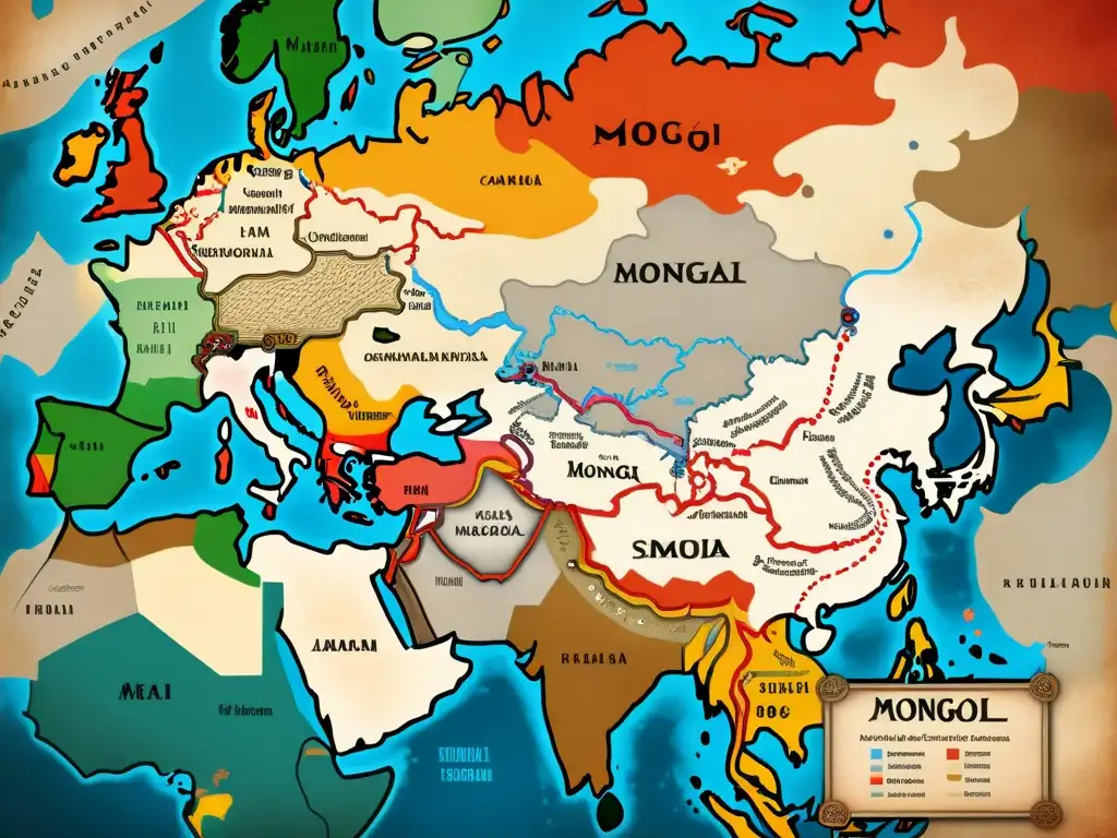 Mapa detallado del vasto Imperio Mongol, con ciudades, rutas comerciales y guerreros