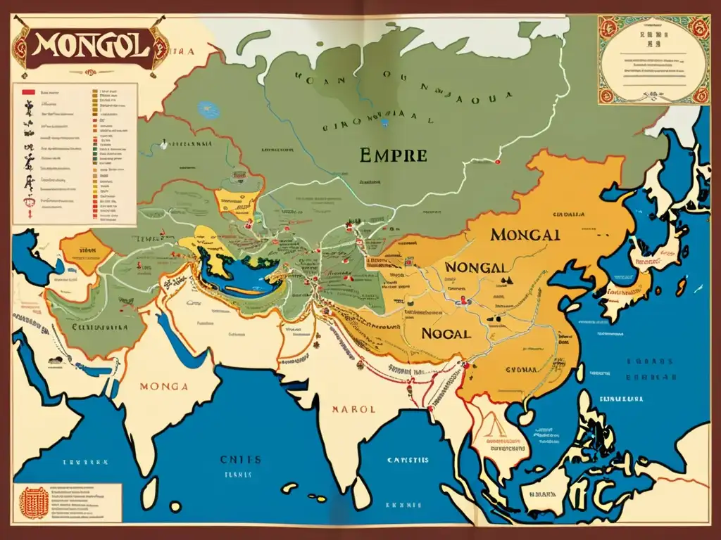 Mapa detallado del vasto Imperio Mongol con tonos terrosos y líneas intrincadas que muestran las regiones y territorios bajo su control