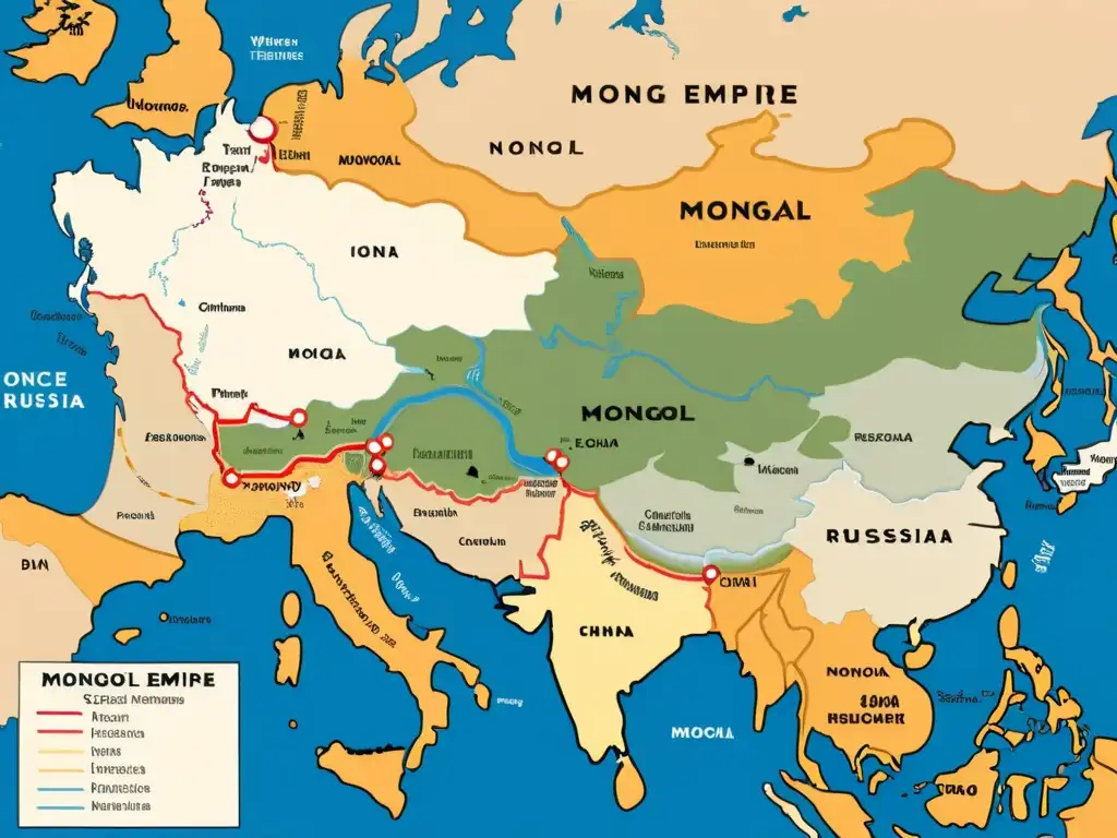 Mapa detallado del vasto Imperio Mongol con ciudades clave, rutas comerciales y pueblos diversos