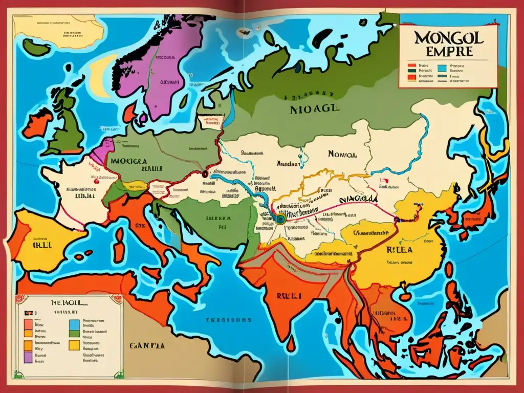 Mapa detallado del vasto Imperio Mongol en su apogeo, reflejando su influencia en la geopolítica actual