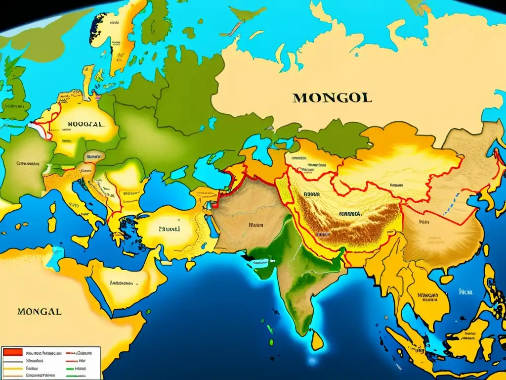 Mapa detallado del vasto Imperio Mongol en su apogeo, mostrando su legado cultural y su influencia en Asia, Medio Oriente y Europa del Este