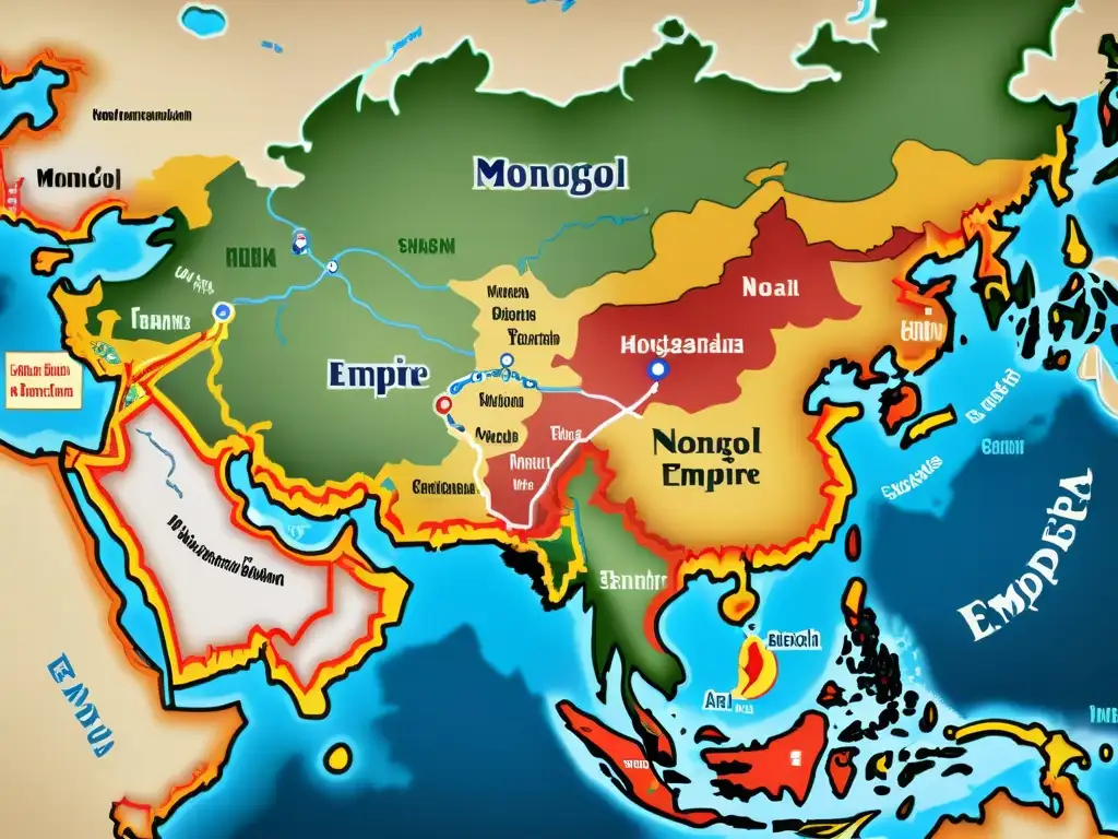 Mapa detallado del vasto Imperio Mongol en su apogeo, con colores vibrantes y rutas comerciales marcadas