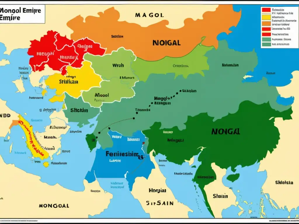 Mapa detallado del vasto territorio del Imperio Mongol, destacando la influencia en idiomas siberianos