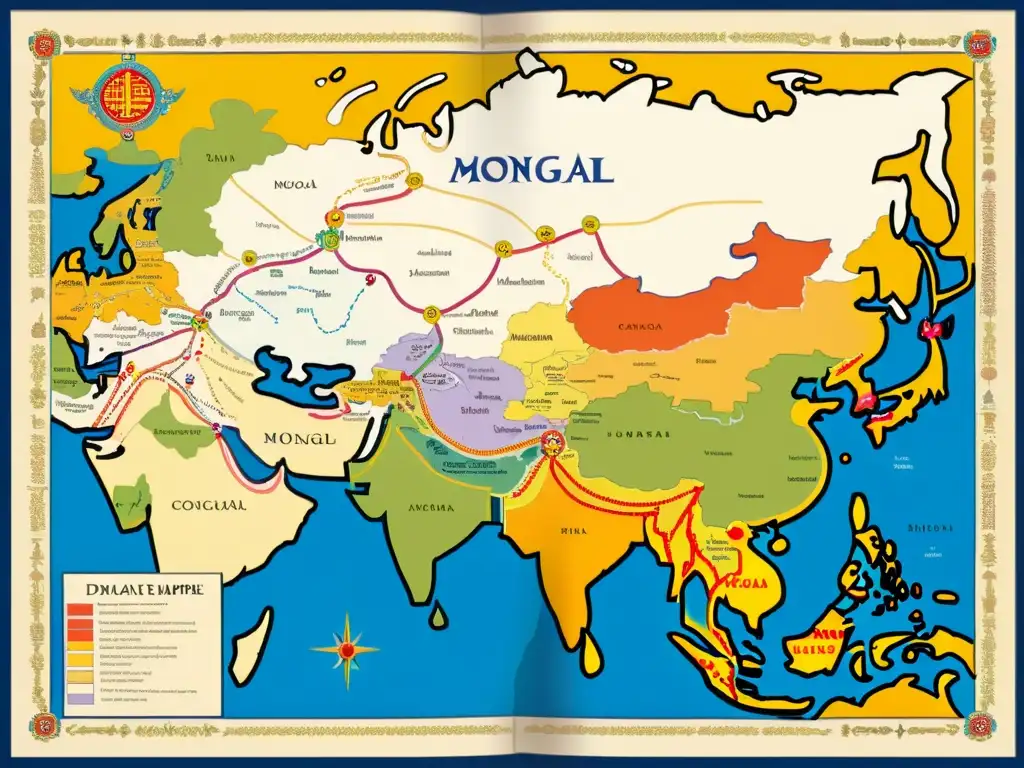 Mapa diplomático detallado del Imperio Mongol, con redes comerciales y alianzas