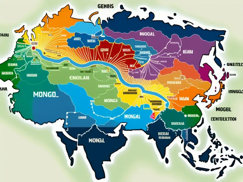 Mapa genético colorido que muestra la influencia genética del Imperio Mongol