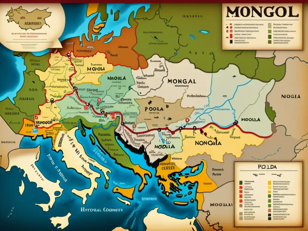 Mapa histórico detallado de las conquistas mongolas en Polonia, con anotaciones y batallas clave, en ricos tonos terrosos