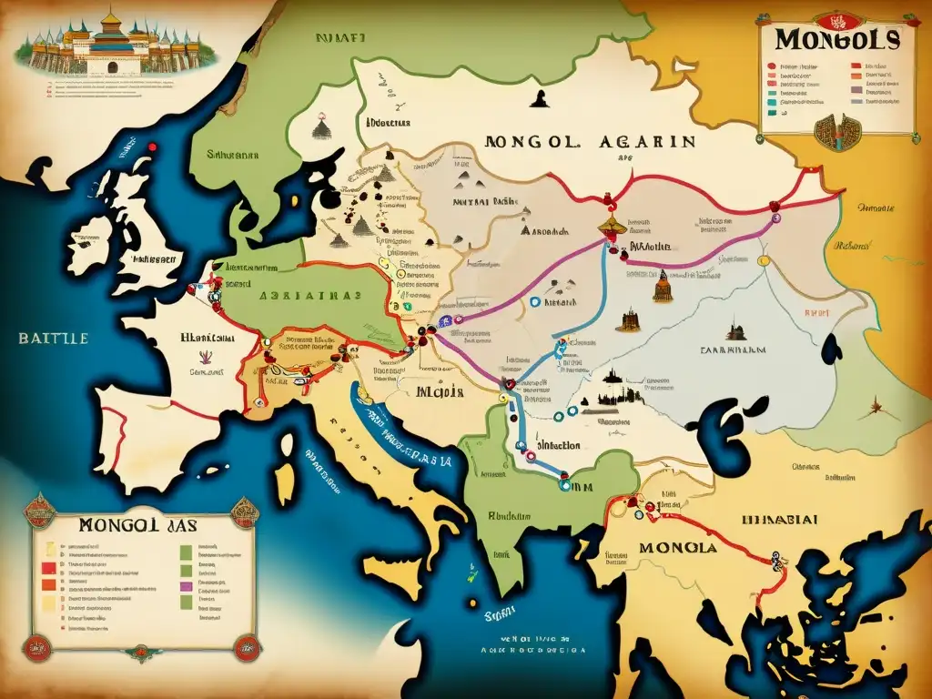 Mapa histórico detallado de estrategias militares mongolas contra el islam, con rutas de batalla y tácticas clave