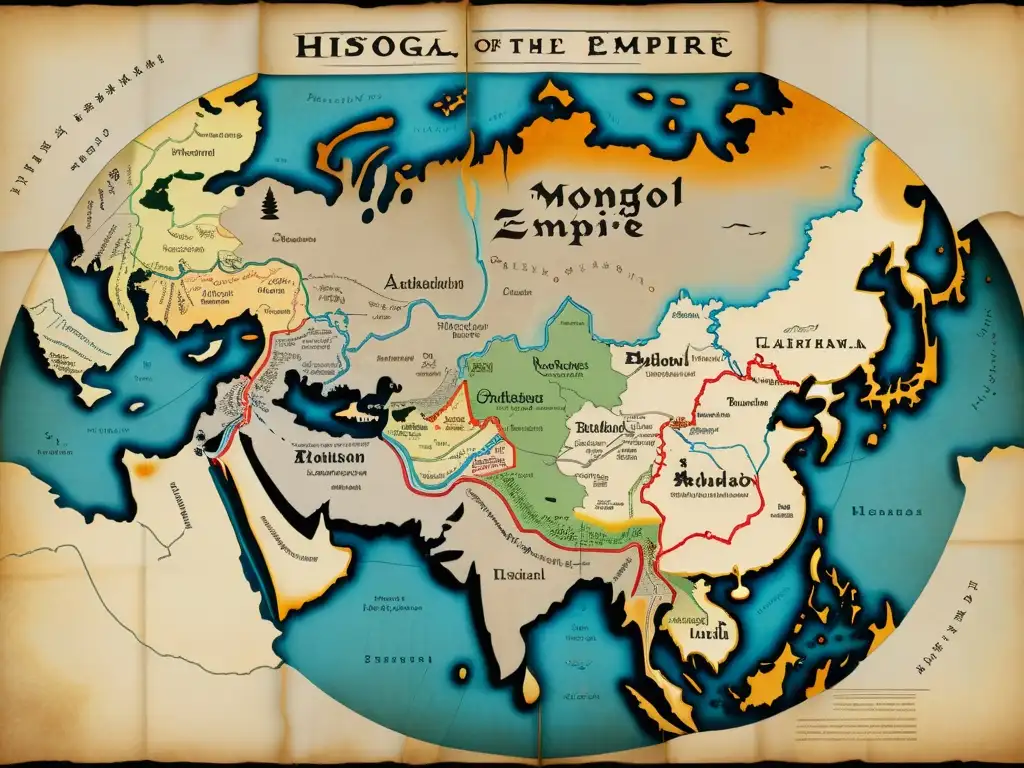 Mapa histórico detallado del Imperio Mongol, con rutas comerciales, anotaciones en varios idiomas y aspecto envejecido