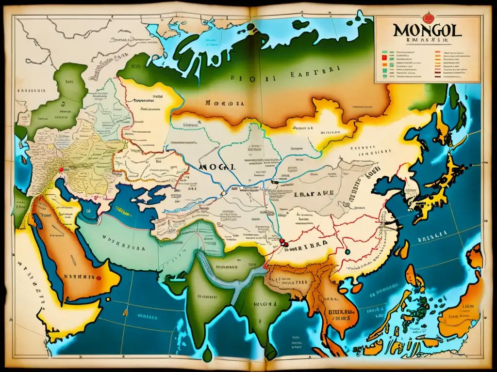 Mapa histórico detallado del Imperio Mongol en su apogeo, con colores desgastados y fronteras dibujadas a mano