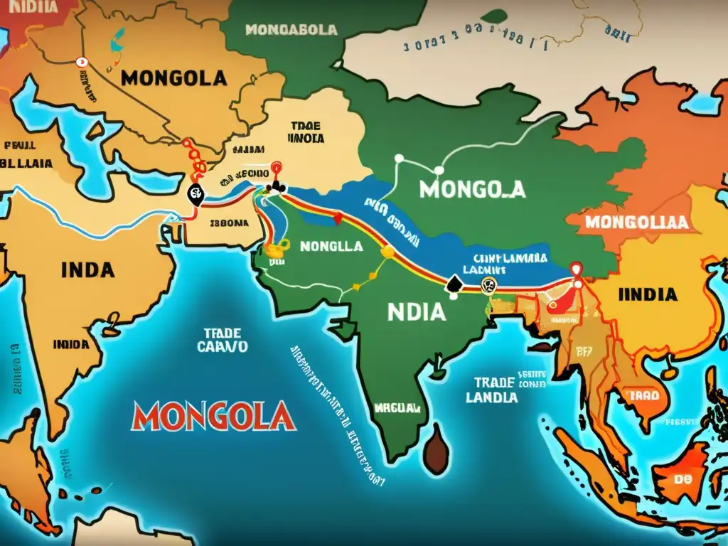 Mapa histórico detallado de las rutas comerciales entre Mongolia e India, con caravanas y barcos transportando mercancías, ciudades clave y paisajes