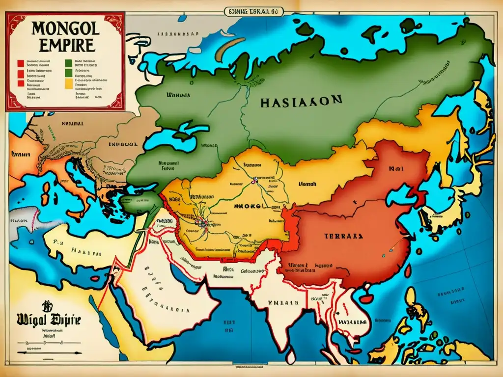 Mapa histórico detallado del vasto Imperio Mongol en su apogeo, con ciudades, rutas comerciales y territorios