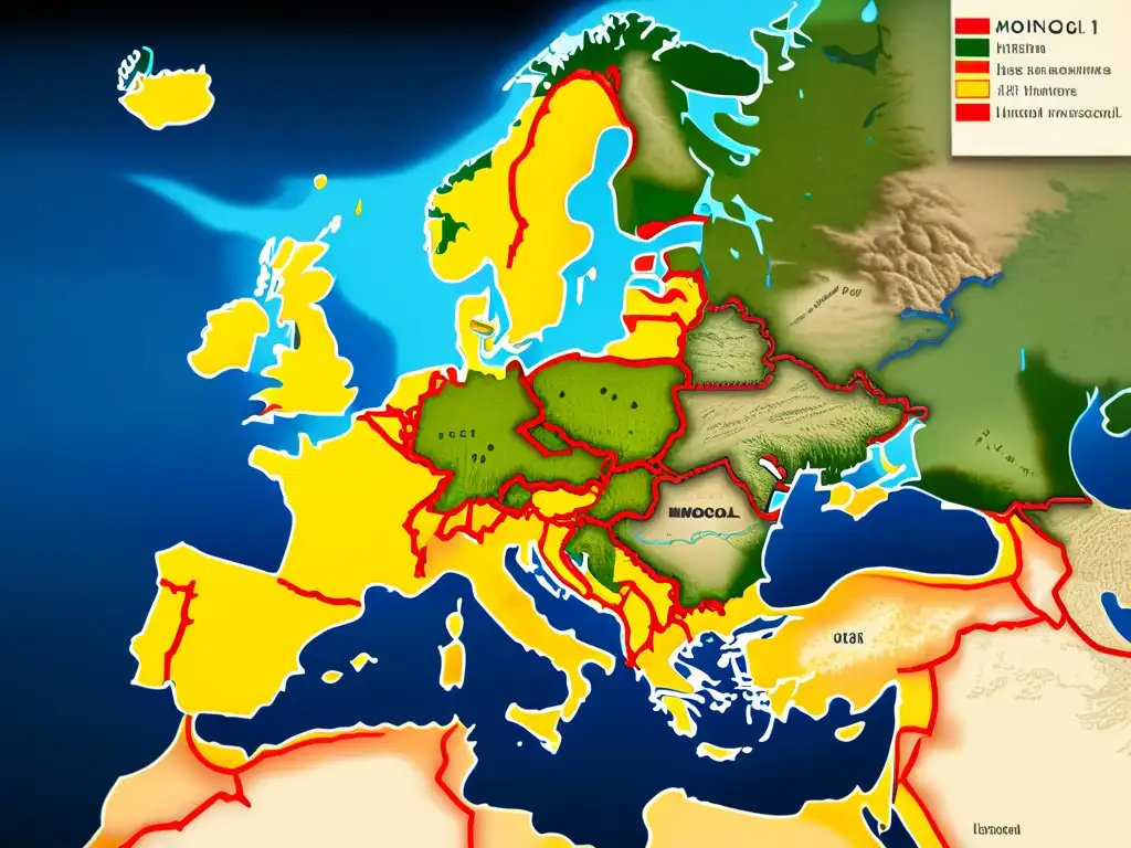 Mapa histórico de Europa en 8k detallando invasiones mongolas del siglo XIII y su impacto demográfico