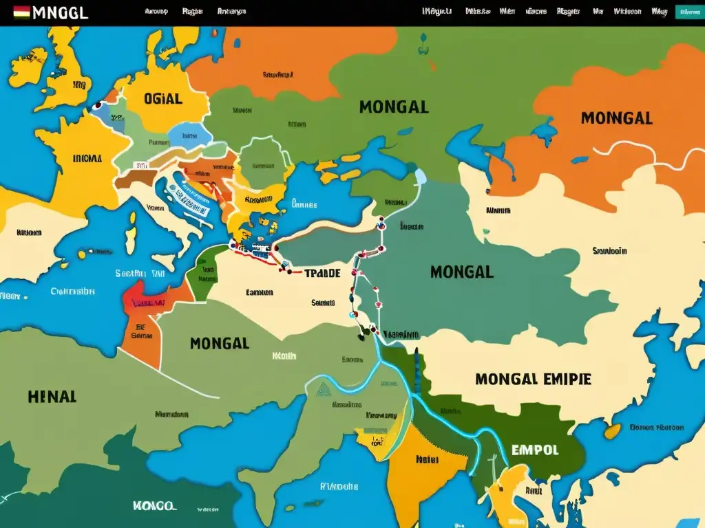 Mapa interactivo del Imperio Mongol con detalles históricos, rutas comerciales y eventos destacados