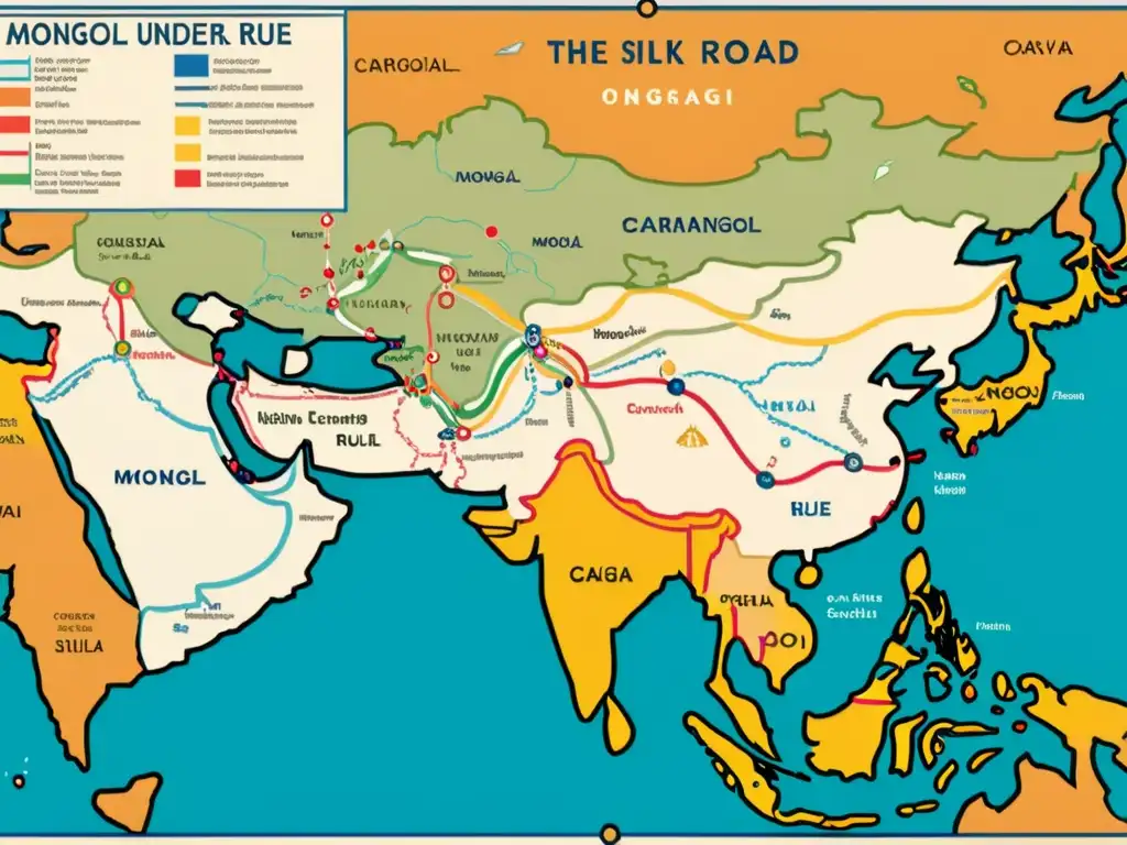 Mapa del legado cultural del comercio en el Imperio Mongol: rutas de la Ruta de la Seda, ciudades y escenas culturales detalladas