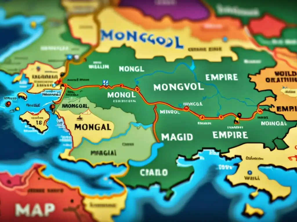 Mapa medieval detallado en 8k mostrando la influencia mongola en cartografía con colores vibrantes y detalles intrincados