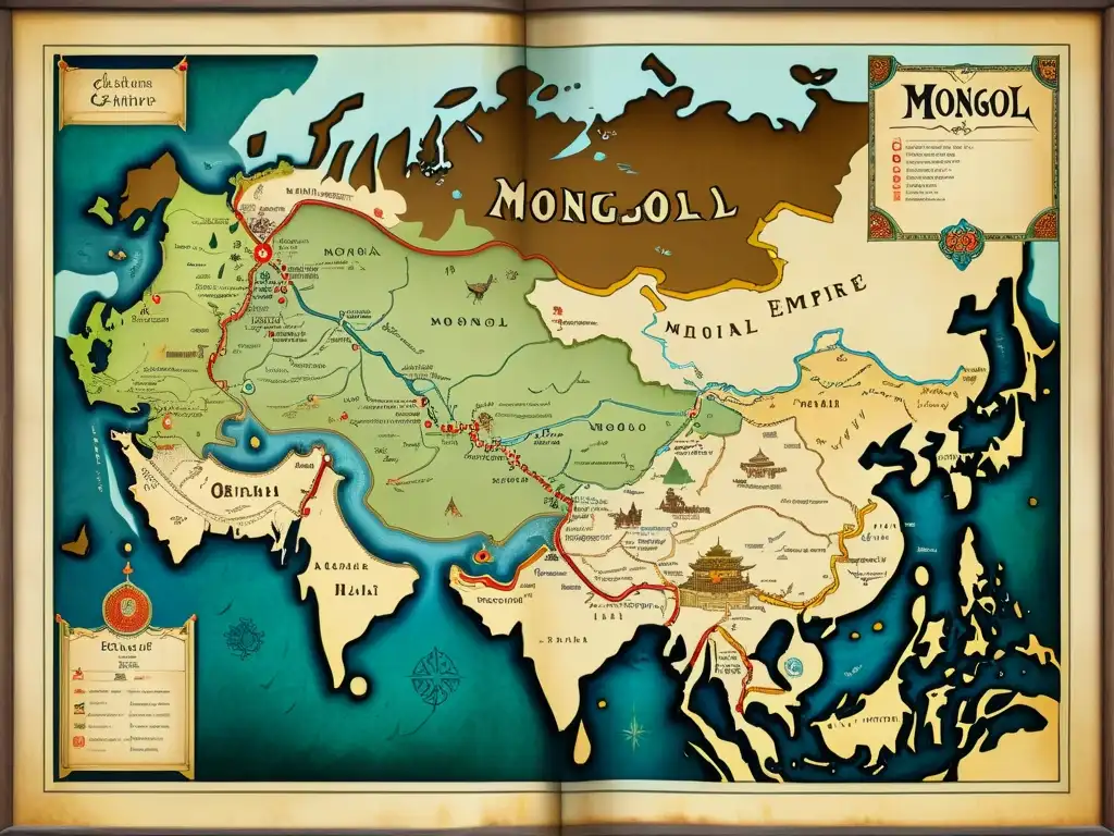 Mapa medieval del vasto Imperio Mongol con detalles impactantes de ciudades, rutas comerciales y elementos cartográficos