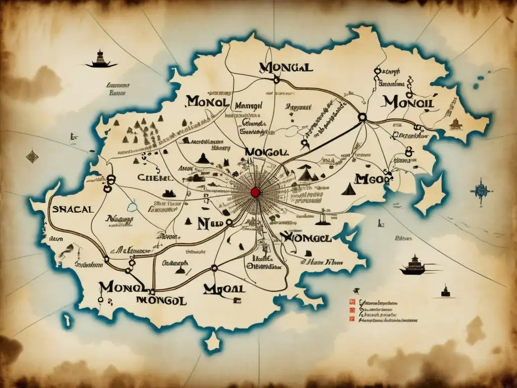 Mapa de pergamino envejecido con red de espionaje mongol, estrategias y misterios entrelazados en detalles intrincados y signos de desgaste