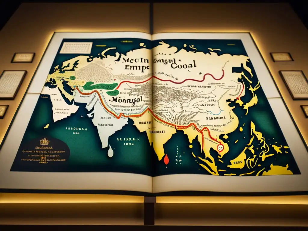 Mapas del Imperio Mongol: Antiguo mapa detallado con colores vibrantes y delicada caligrafía, rodeado de investigadores en una sala de estudio