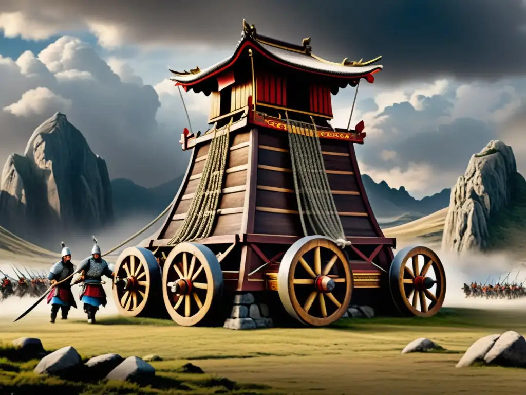 Una máquina de asedio mongol se yergue ante una fortaleza en un paisaje dramático