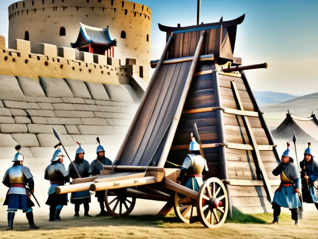 Máquinas de asedio en el Imperio Mongol: Impresionante imagen de un asedio con trebuchet y soldados Mongol estrategizando el ataque