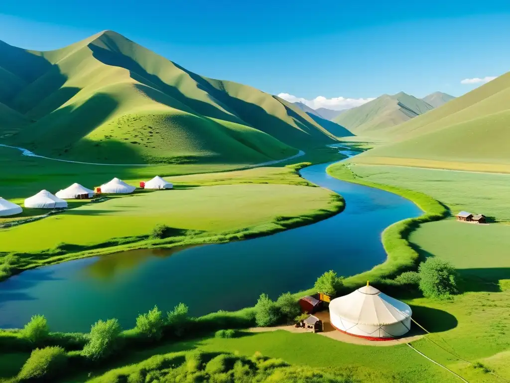 Maravilloso paisaje verde con río, yurta mongol, montañas nevadas