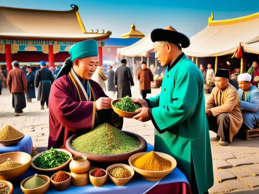 Un médico mongol administra medicina herbal en un bullicioso mercado del Medio Oriente, mostrando el impacto de la medicina mongol en la región