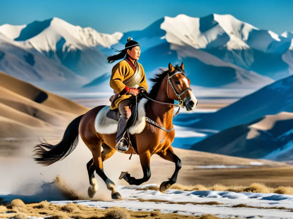 Un mensajero mongol atraviesa un paisaje rugoso a caballo, representando el legado del Correo Mongol en comunicaciones comerciales